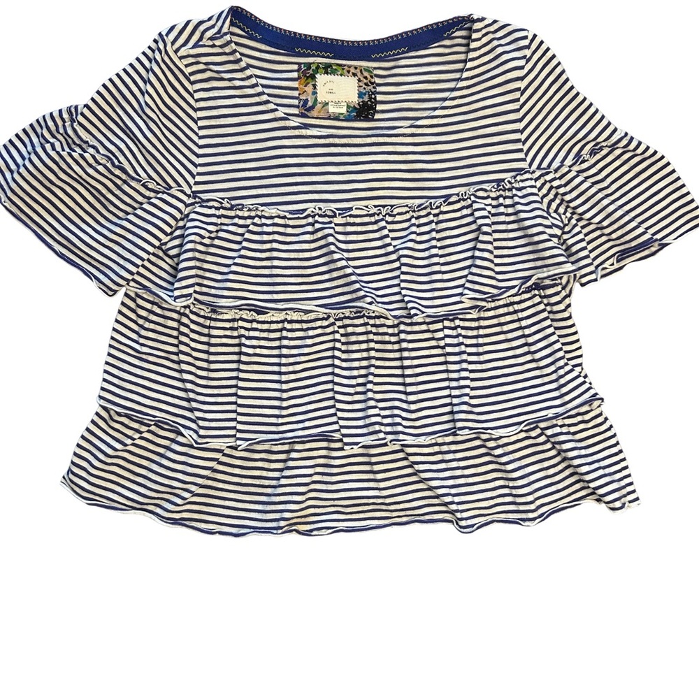 Anthropologie Postmark Navy and White Striped Ruffled Short Sleeve Top